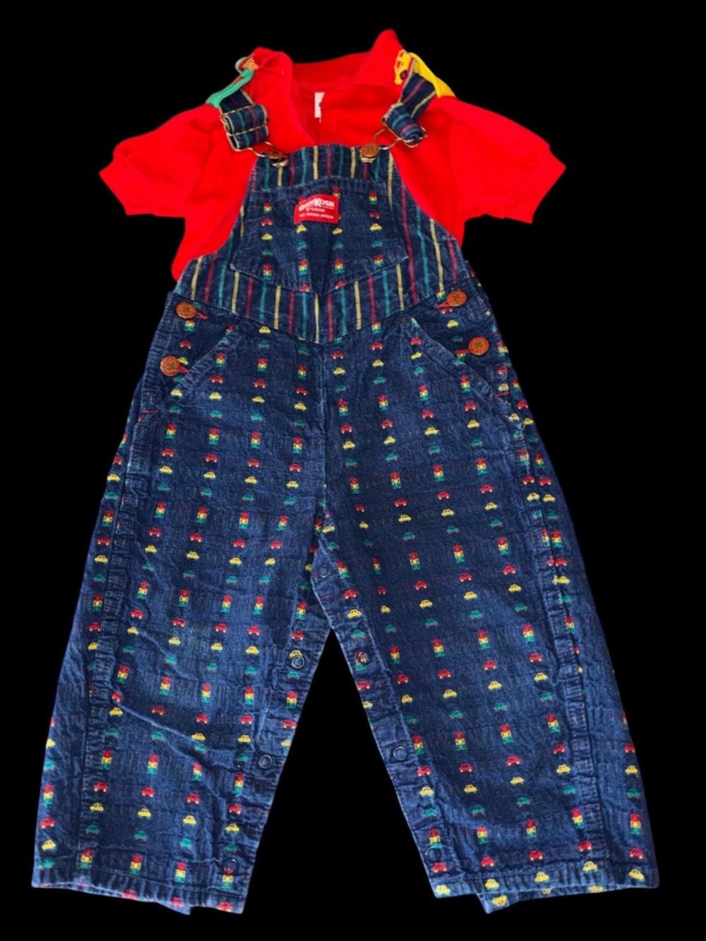 VTG Oshkosh B’Gosh Shirt & Overalls 3T CAR TRAFFIC Print Denim MADE IN USA